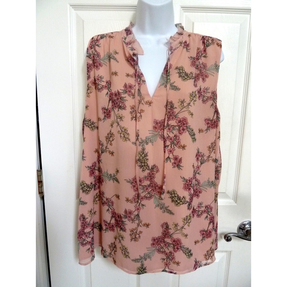 St. Tropez West XL Ruffled Neck Floral Blouse Sleeveless Pink Lined Flowy Top